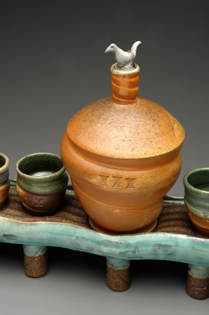 New Work :: Close up Flask, Stand, Cups :: Tom White Pottery